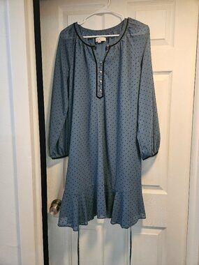 Loft Blue Long Sleeve Dress with Black Clip Dots